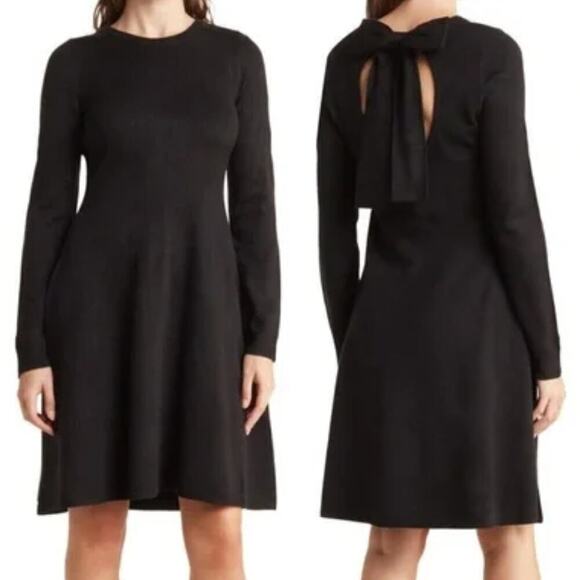 Vince Camuto Sweater Dress Long Sleeve Open Back Bow Tie Fit & Flare Black M - Picture 1 of 9